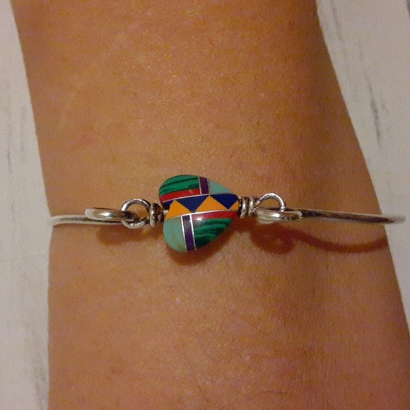 Navajo Multi Gemstone Inlay Heart Bangle SS925 - Picture 1 of 6